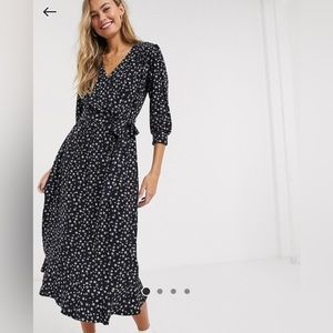 Oasis polka dot wrap tiered midi dress | Color Navy | Size XS
